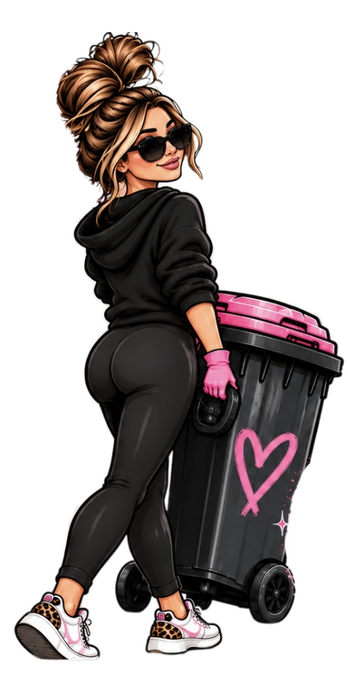 Trashy Biz mascot rolling a pink trash can